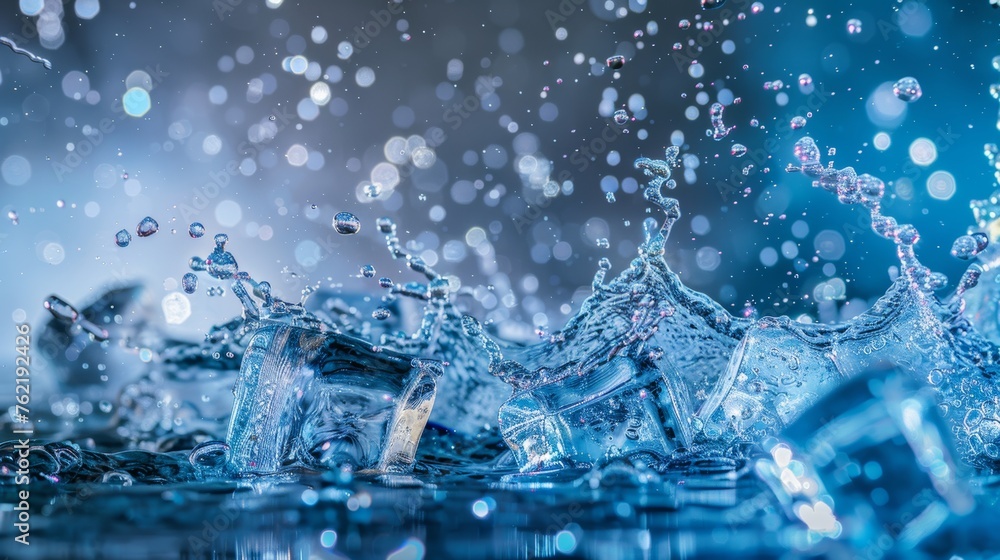 A lively scene of water splashing amidst ice cubes, capturing the essence of freshness and coolness