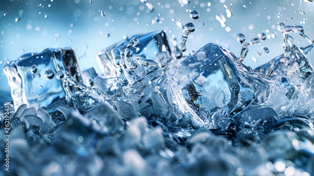 A lively scene of water splashing amidst ice cubes, capturing the essence of freshness and coolness A lively scene of water splashing amidst ice cubes, capturing the essence of freshness and coolness