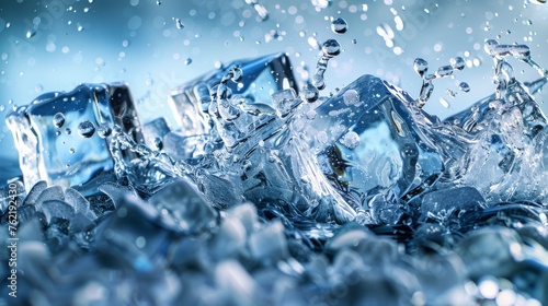 A lively scene of water splashing amidst ice cubes, capturing the essence of freshness and coolness