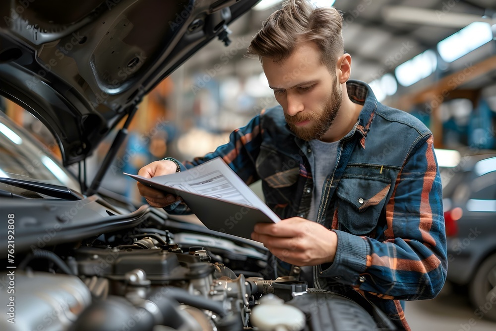 Mechanic documenting inspection and insurance information while checking car engine. Concept Car Maintenance, Documentation, Inspection, Insurance, MechanicPortrait