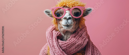 Charming alpaca with pink glasses and yellow hair showcasing a playful and cute demeanor