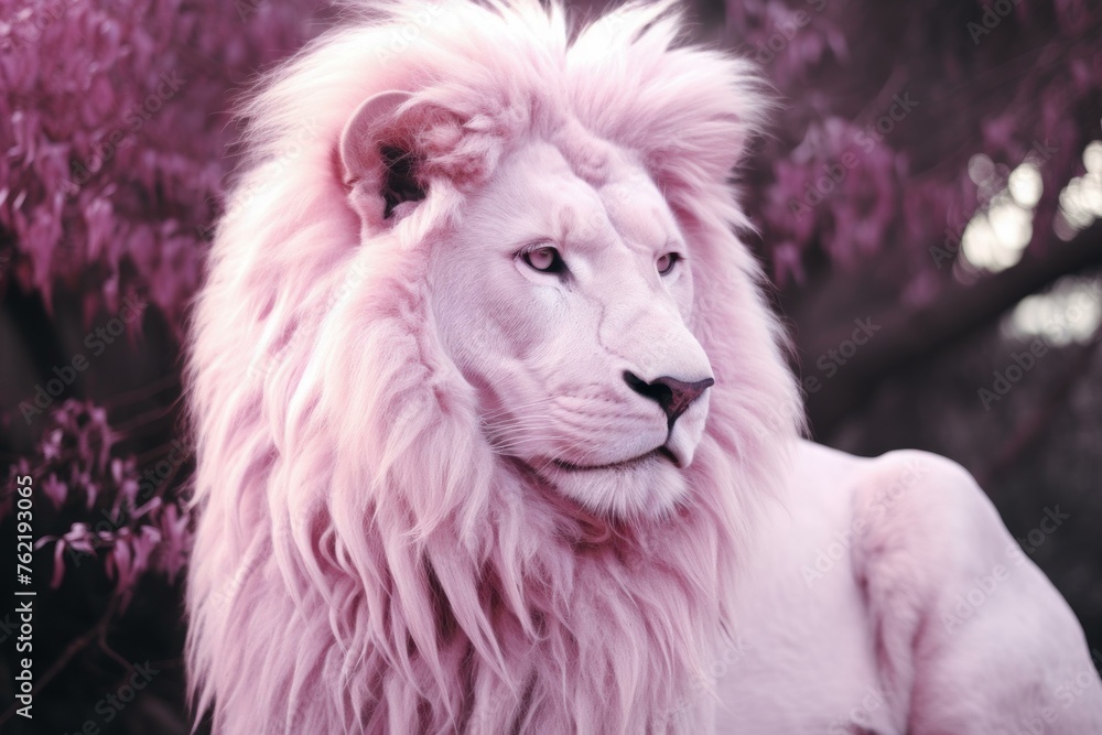 Striking White lion head pink background. Small cat. Generate Ai