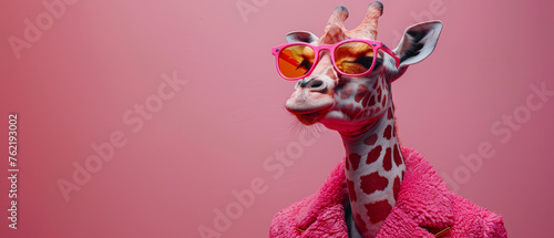 A quirky giraffe dressed in a pink furry coat and stylish sunglasses against a pink background