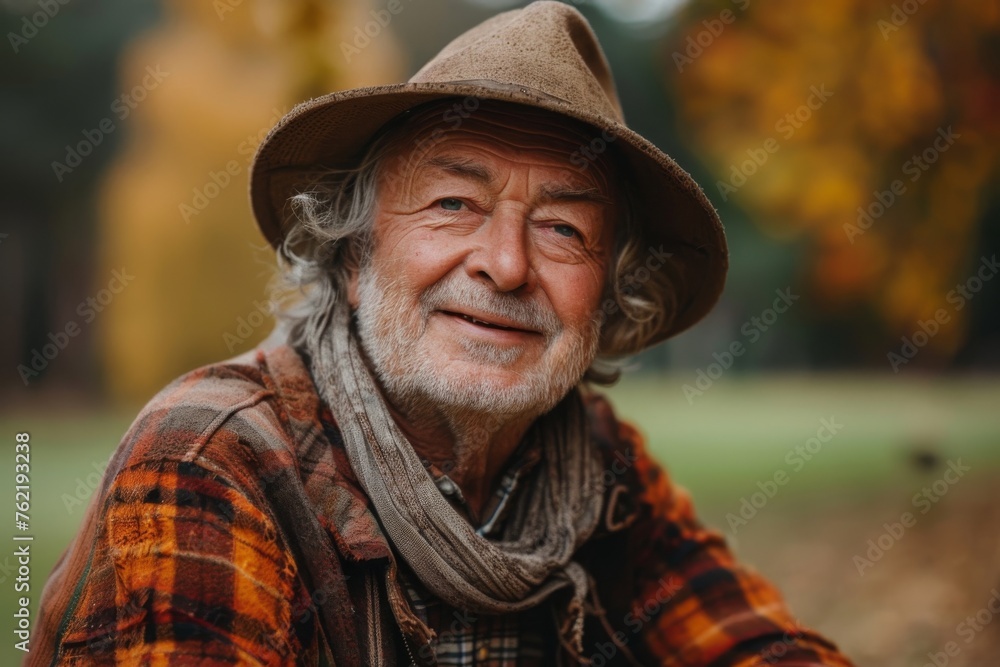 Elderly man smiling at camera. A close-up portrait of an elderly, man with a warm smile, wearing fashionable clothes.