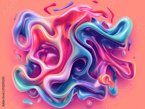 Vibrant swirling liquids in a dynamic and fluid abstract composition on a coral background.