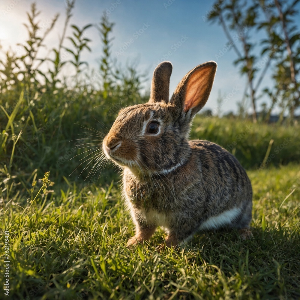 Fototapeta premium One sunny morning, Kiki the little rabbit ran happily in the meadow. His nimble legs made him jump up and down excitedly. In the middle of his journey, Kiki met Kuro the turtle who was walking slowly.
