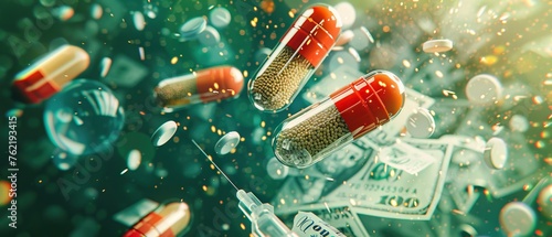 Healthcare finance concept with medication, syringes, and money in a high-tech medical backdrop