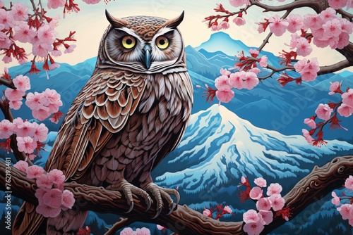 a painting of an owl on a tree branch with mountains and snow © Maria