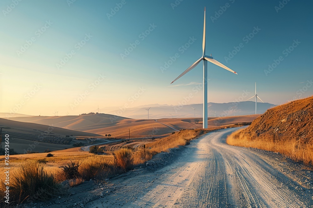Professional Photography of a Wind Farm Against a Backdrop of Rolling Hills and Clear Skies, Generative AI