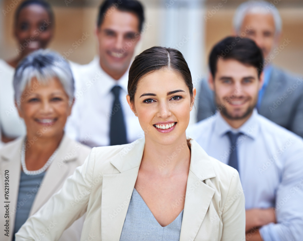 Portrait, woman leader and group of business people with support, confidence and solidarity at startup. Community, professional men and women together in office with happy teamwork, pride and trust Portrait, woman leader and group of business people with support, confidence and solidarity at startup. Community, professional men and women together in office with happy teamwork, pride and trust
