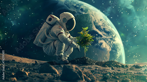 An astronaut planting a tree on a distant planet, representing the universal importance of Earth Day, earth day concept, generative ai