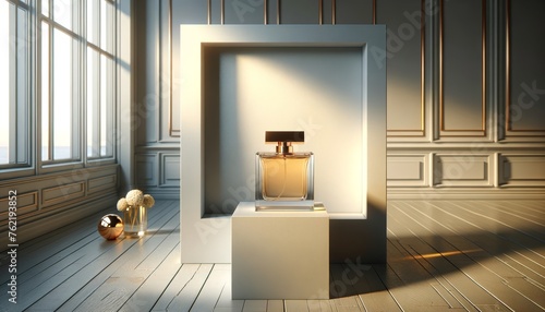 Display showcasing high-end perfume bottle in a sunlit, modern interior, minimalist 3D interior - Generative AI