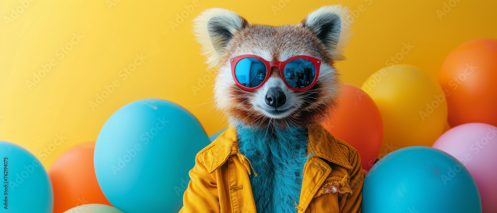 A stylish raccoon in a denim jacket and red sunglasses stands out among a backdrop of colorful balloons