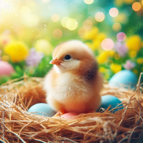 Chick sits in an Easter basket