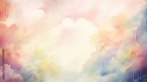 Multicolored clouds on the background of a thicket of deciduous forest, a background postcard in watercolor style © kichigin19