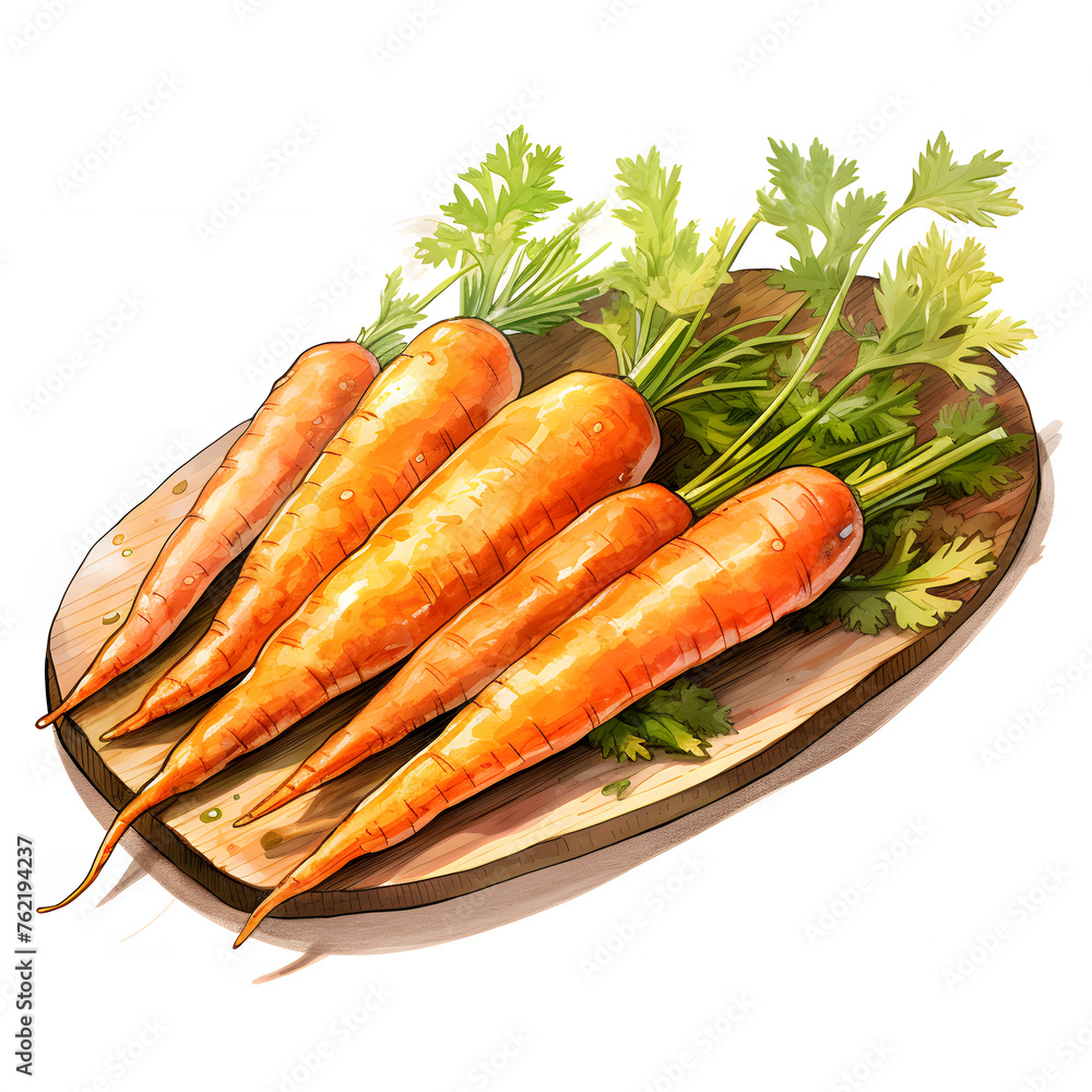 Carrots, put in a Summer-themed Serving Board, vegetable, full body, watercolor illustration, single object, isolate on white background for removing background. Carrots, put in a Summer-themed Serving Board, vegetable, full body, watercolor illustration, single object, isolate on white background for removing background.