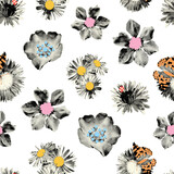 Wild flowers halftone collage seamless pattern with doodle stamens and butterfly. Grunge cut out shapes, vintage dotted summer print. Trendy modern retro illustration on transparent background