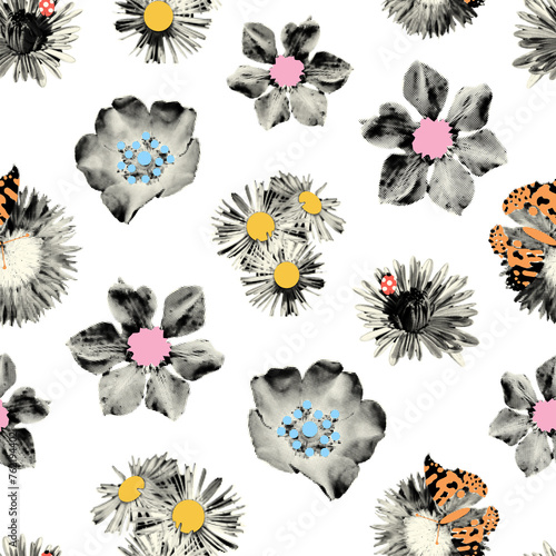 Wild flowers halftone collage seamless pattern with doodle stamens and butterfly. Grunge cut out shapes, vintage dotted summer print. Trendy modern retro illustration on transparent background