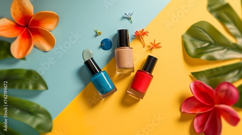 three edgy coloured nail polishes in charming little bottles with a fun coloured background photo