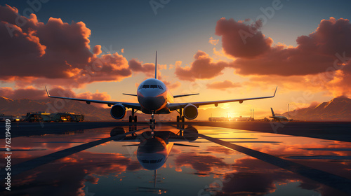 Sunset, airport, plane ready to take off, flashing lights, distant peaks,beauty. For posters, covers, travel, landscapes photo