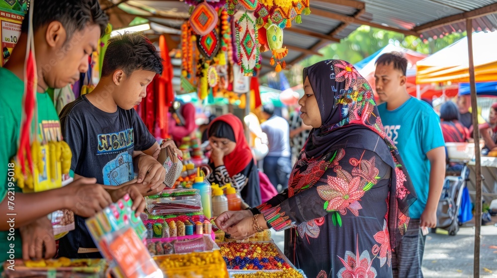 KOTA KINABALU SABAH,MALAYSIA - MAY 31 2019: A group of people buying a local made souvenir during State level Harvest Festival Celebration in KDCA Penampang Sabah.