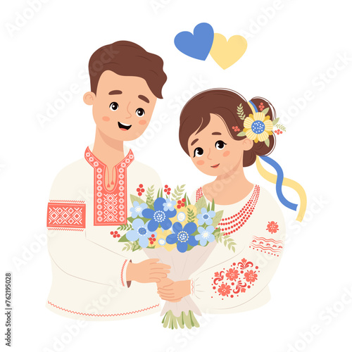 Happy Ukrainian couple people. Cute man and woman in traditional national clothes, embroidered shirt vyshyvanka with bouquet flowers and yellow-blue hearts. Vector illustration