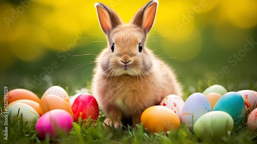 Colorful easter eggs and rabbit on green grass - generative ai