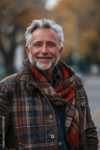 Elderly man smiling at camera. A close-up portrait of an elderly, man with a warm smile, wearing fashionable clothes.