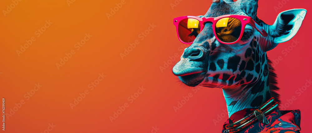 A sophisticated giraffe models red sunglasses and a fashionable boa, set against a bright orange backdrop - obrazy, fototapety, plakaty 