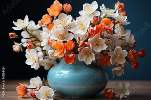 Blue Vase With White and Orange Flowers