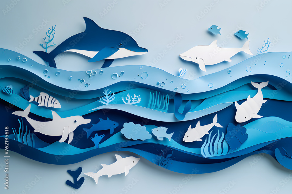 Paper-cut waves in shades of blue, with paper-cut marine creatures swimming, generative ai