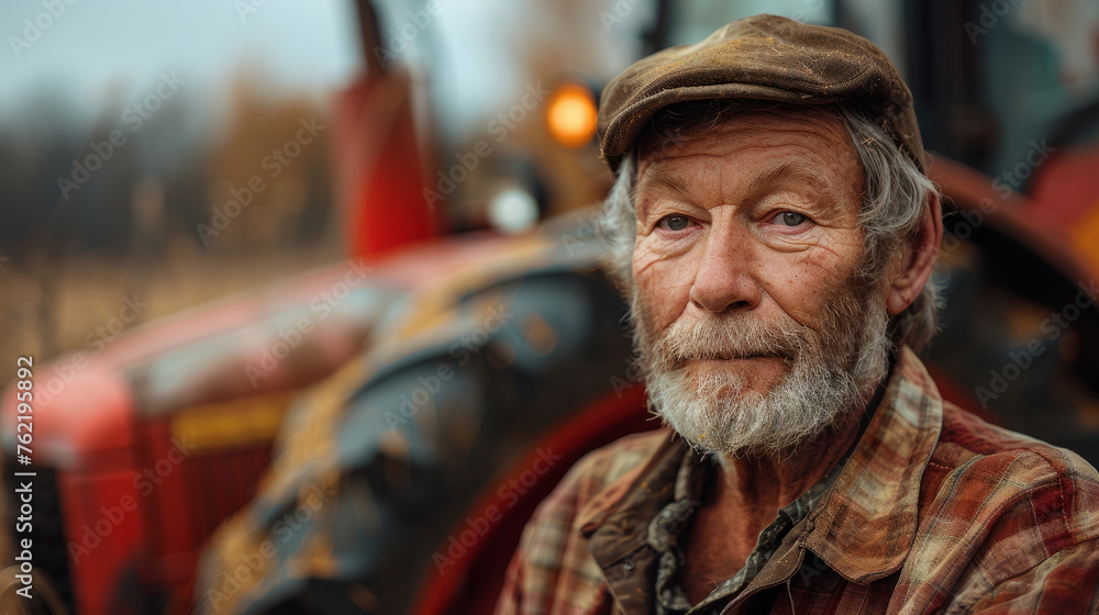A man with a beard and a hat is sitting in front of a tractor. He looks tired and is wearing a plaid shirt. young 65 year old farmer, tractor in background,