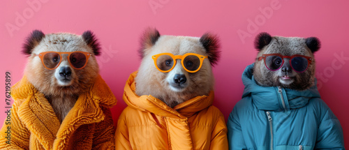 Three Bears friends in stylish winter jackets posing side by side against a uniform pink wall, oozing coolness
