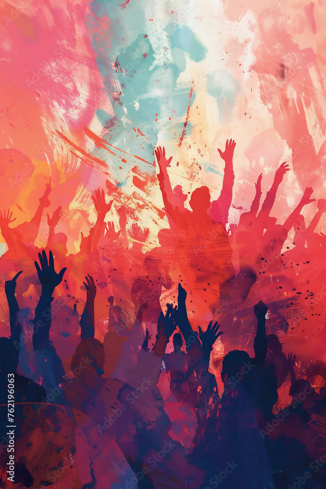 Watercolor illustration of a Happy crowd people rising up. Generative Ai. Concert, festival, music and party concept.