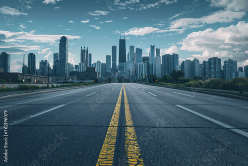 Empty asphalt road with city skyline in the background at sunset. Generative AI.
