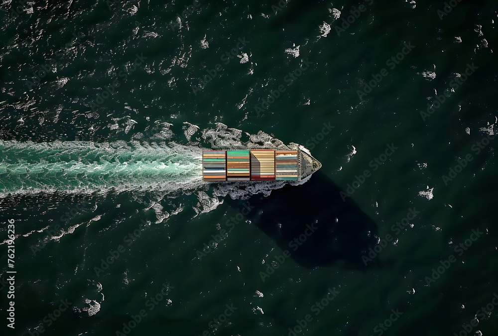 Aerial view of a container ship sailing on the sea, creating large waves behind it, with cargo containers neatly stacked in the middle. Illustrating the concept of cargo transport and global trade.