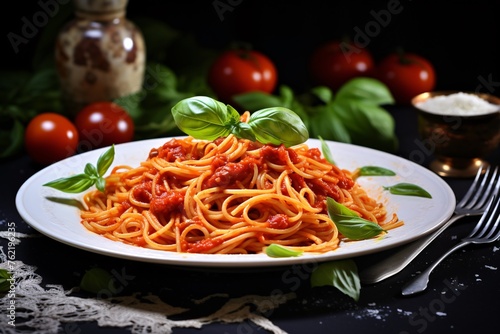 a plate of spaghetti with sauce and basil leaves