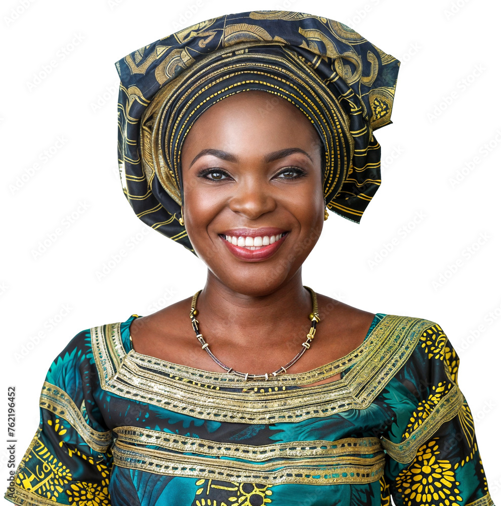 Portrait of a smiling Nigerian woman with intricate gele headwrap and traditional attire, isolated on a white background.