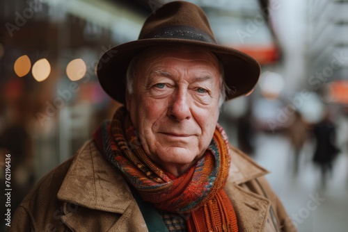 Elderly man smiling at camera. A close-up portrait of an elderly, man with a warm smile, wearing fashionable clothes.