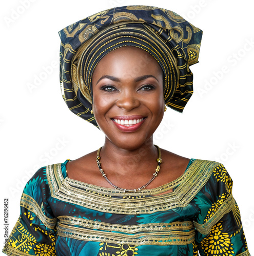 Portrait of a smiling Nigerian woman with intricate gele headwrap and traditional attire, isolated on a white background. photo