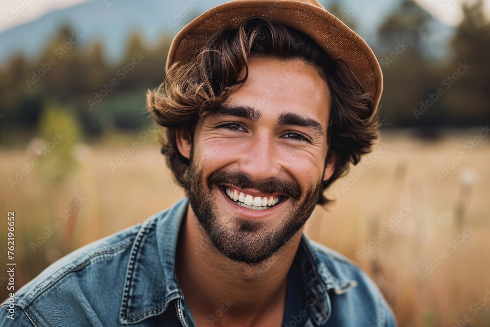 A man with a beard and a hat is smiling. He is wearing a blue shirt and a hat. handsome countryside man full face smiling on camera