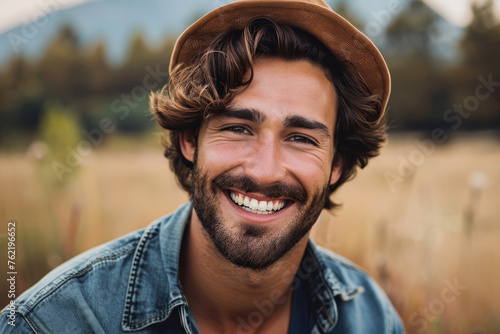 A man with a beard and a hat is smiling. He is wearing a blue shirt and a hat. handsome countryside man full face smiling on camera
