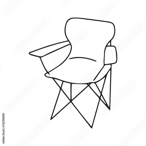Doodle Tourist folding chair. Camping equipment, car travel, travel chair, beach, picnic, fishing, garden. Outline black and white vector illustration isolated on white background. Vector