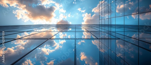 This view shows a high rise building with dark steel windows with clouds reflected on the glass. Business concept for future architecture, looking up at the angle of the corner.