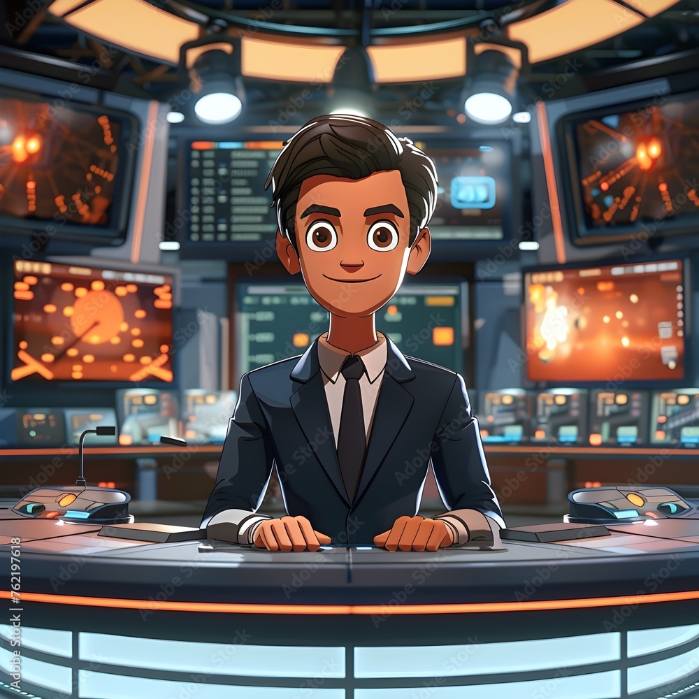 An animated news anchor is shown in a virtual broadcast studio ...