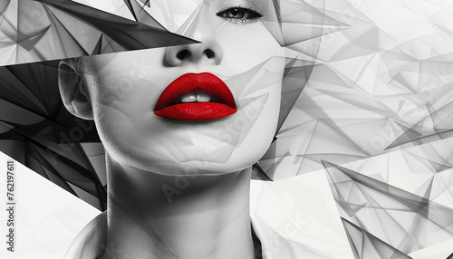 Chromatic Elegance. Abstract Close-Up of Woman's Lips with Red Lipstick, Against a Background of Triangular Black, White, and Red Spectrum. 