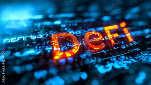 Illuminated 'DeFi' signifying Decentralized Finance on a digital blockchain background, representing innovation in fintech and cryptocurrency photo