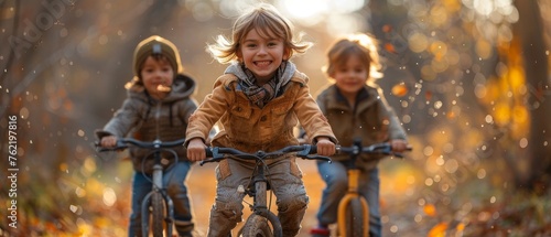 Bicycles are being ridden by three satisfied children