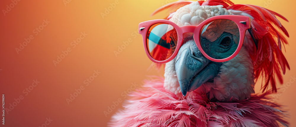 Vibrant image of a parrot donning cool red sunglasses, set against a warm orange background, evoking summer vibes