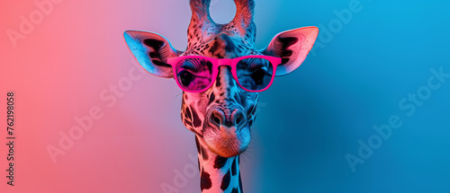 A vividly colored portrait of a giraffe sporting stylish pink sunglasses against a gradient background